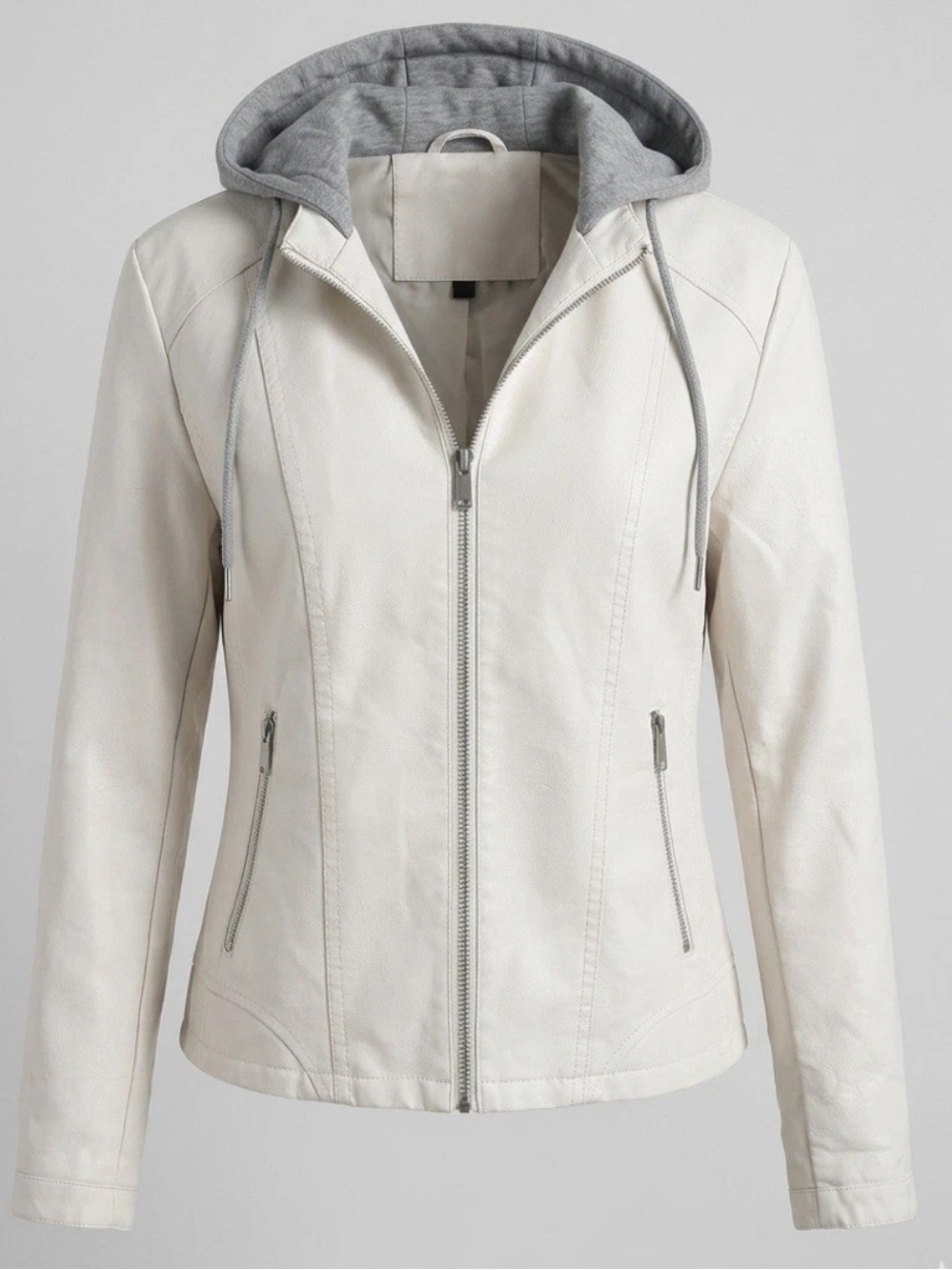 NWOT Baccini Vegan Leather Moto Jacket XL Off-White Hooded Detachable Biker Coat